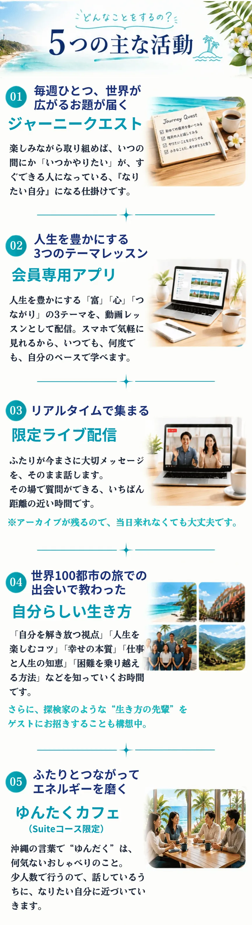 どんなことをするの？ 5つの主な活動。01 毎週ひとつ、世界が広がるお題が届くジャーニークエスト（毎週ひとつ、自分の反応が増えていく）／02 人生を豊かにする3つのテーマの実践レッスン（自分の現在地が、テーマごとに見えてくる）／03 月に一度、リアルタイムで集まる限定ライブ配信（迷ったときの選び方の型が、増えていく）／04 世界100都市の旅で出会った土地から教わった自分らしい生き方のこと（生き方の選択肢が、自分の中に増える）／05 ふたりとお茶する”ゆんたくカフェ”（Suiteコース限定・話しているうちに、自分の言葉になっていく）