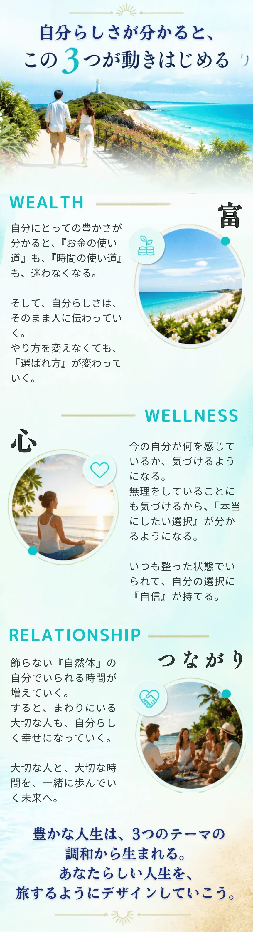 自分らしさが分かると、この3つが動きはじめる。WEALTH 富／WELLNESS 心／RELATIONSHIP つながり。